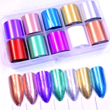 

YZWLE 10 Rolls/Box Holographic Nail Foils Nails Wraps Multi-pattern Colorful Transfer Sticker Decals Tips Nail Art Decorations