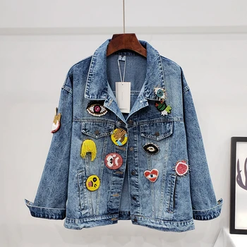 

Spring Autumn Vintage Wash Handmade Beaded Smiley Badge Denim Jacket Women Fashion Loose Student Long sleeve Jeans Coat Female