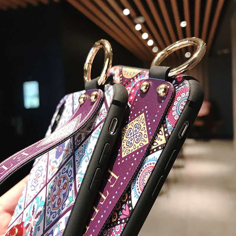 5 SoCouple Wrist Strap Soft TPU Phone Case For iphone 7 8 6 6s plus Case For iphone X Xs max XR Vintage Flower Pattern Holder Case