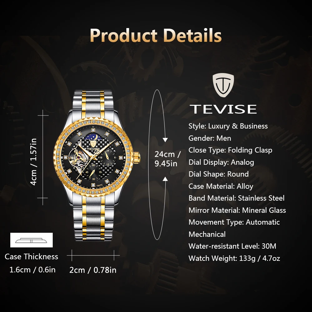 TEVISE модные роскошные стальные автоматические мужские часы Moon Phase Tourbillon инкрустированный стразами светящиеся механические водонепроницаемые часы