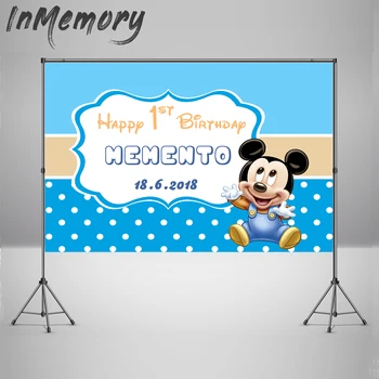

Blue White dots Custom Mickey Mouse Backdrops Boys 1st Birthday Party Background For Photo Studio Vinyl 220x150cm