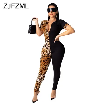 

Leopard Spliced Sexy Rompers Womens Jumpsuit V Neck Short Sleeve Zipper Up Bandage Playsuit Clubwear Bodycon One Piece Bodysuit