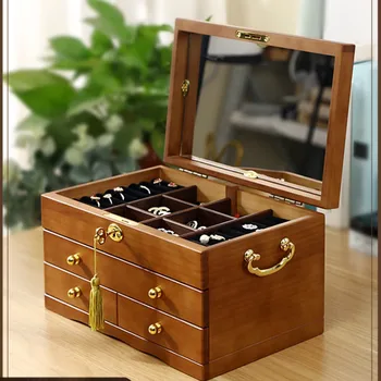

Chinese Handmade Retro Solid Wood Jewelry Box Large Capacity Multi-Layer Ring Eardrops Earrings Storage Box Necklace Hair