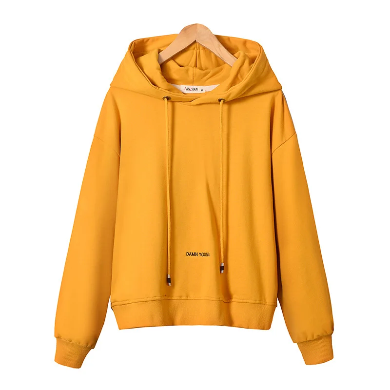 yellow Хлопковые толстовки, свитшоты, Женские однотонные пуловеры с капюшоном и длинным рукавом, женские осенние зимние повседневные свободные блузки больших размеров для девушек - Цвет: yellow