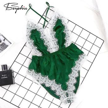 

Suphis Solid Backless Sexy Sleepwear Lace Pyjama Satin Femme Spaghetti Strap Green Playsuits Women V Neck Silk Pajamas Onesies