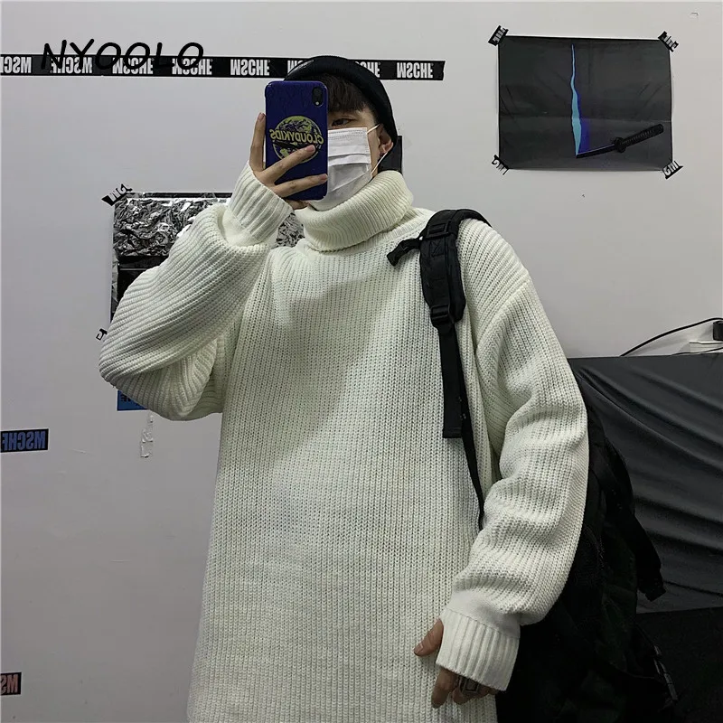 NYOOLO Harajuku стиль сплошной цвет утолщаются теплый водолазка вязаный свитер Осень Зима Свободный пуловер свитер для женщин мужчин топы