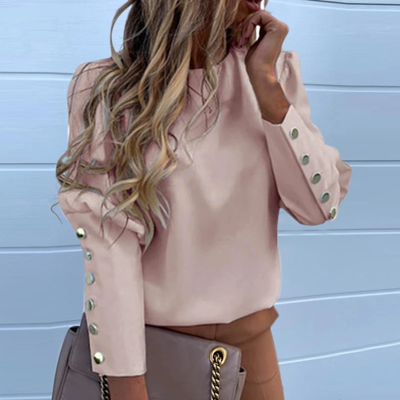 

DIHOPE Puff Shoulder Blouse Shirts Office Lady New Autumn Metal Buttoned Detail Blouses Women Pineapple Print Long Sleeve Top