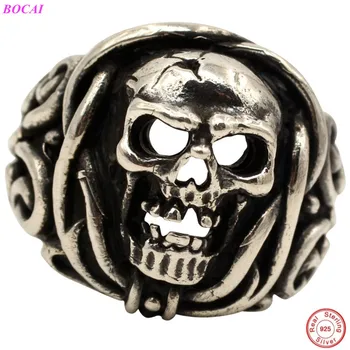 

BOCAI S925 Sterling Silver rings hollowed out skull head ring Thai silver handmade retro personality men's 925 silver rings