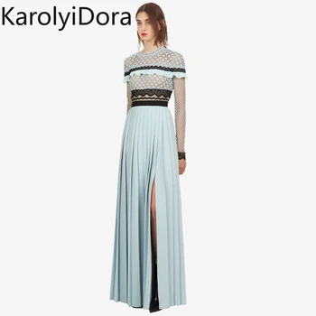 

2020 Spring High Quality Pleated Split Long Dress Designer Runway Women Long Sleeve Maxi Dresses Self-portrait Dress