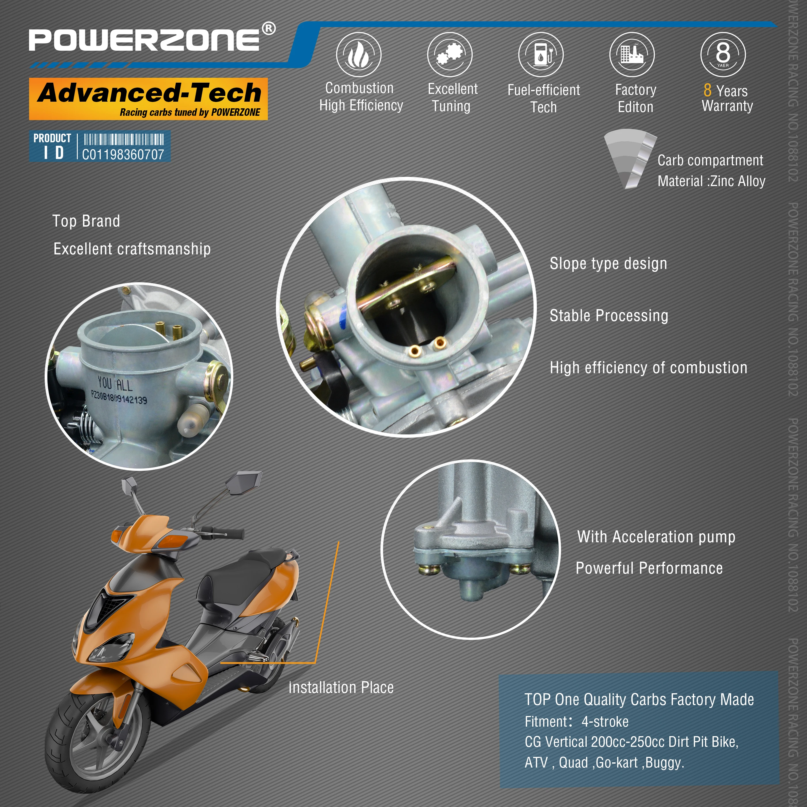 Powerzone карбюратор PZ30B 30 мм CVK Ускорительный Насос Carb для CG Vertical 200cc-250cc Dirt Pit Bike, ATV, Quad, Go-kart, багги