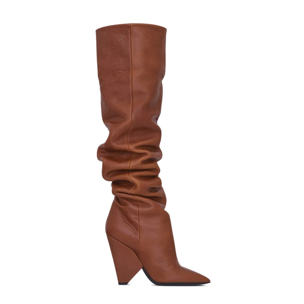 HARAVAL Handmade Woman Winter Knee-high Boot High Quality Sexy Pointed Toe Spike Heel Shoes Solid Fashion Pleated Warm Soft Boot
