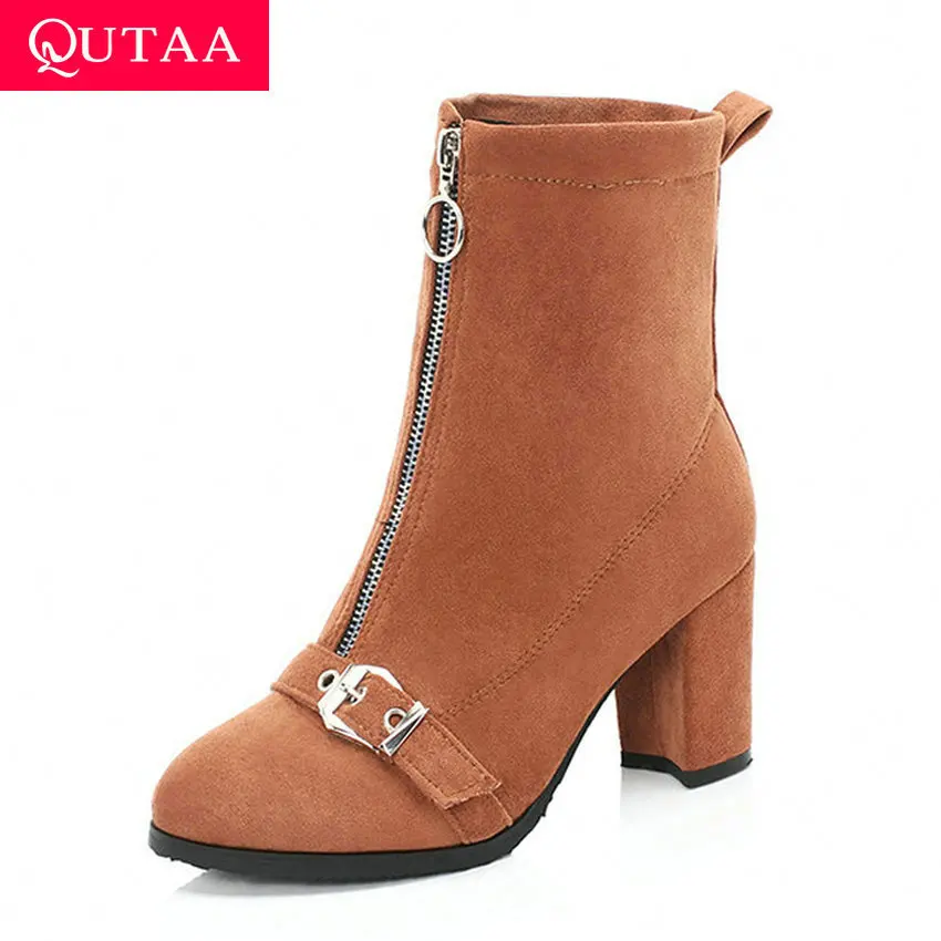 QUTAA/ г.; женская обувь из флока на квадратном каблуке с теплым мехом; модная зимняя обувь с круглым носком; Ботильоны на молнии с пряжкой спереди; размеры 34-43