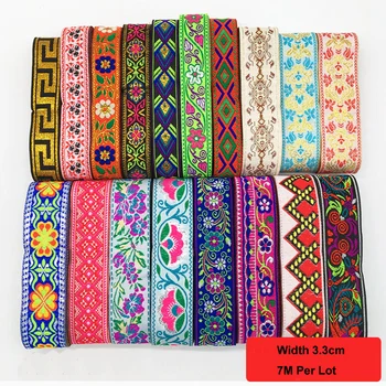 

7M/Lot 3.5 CM High Quality Colorful Flower Lace Fabric Wedding Dress Lace Applique Gold Thread Embroidery Ribbon HB35