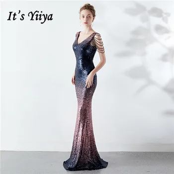 

Beading Evening Dress It's Yiiya DX297 V-Neck Sleeveless Evening Dresses Long Contrast Color Sequined Mermaid Robe De Soiree