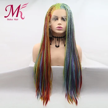 

Moko Braided Synthetic Lace Front Wig for Women Free Parting Red Colorful Brown Ponytail Crochet Braid Hair New Style Fashion
