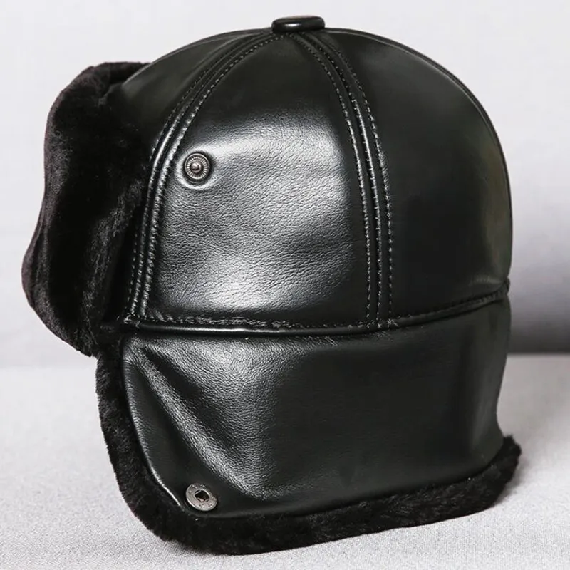 

XdanqinX Men Winter Thicker Velvet Bomber Hat Men's Earmuffs Caps Genuine Leather Cap Warm Sheepskin Leather Ski Cap Dad's Hats