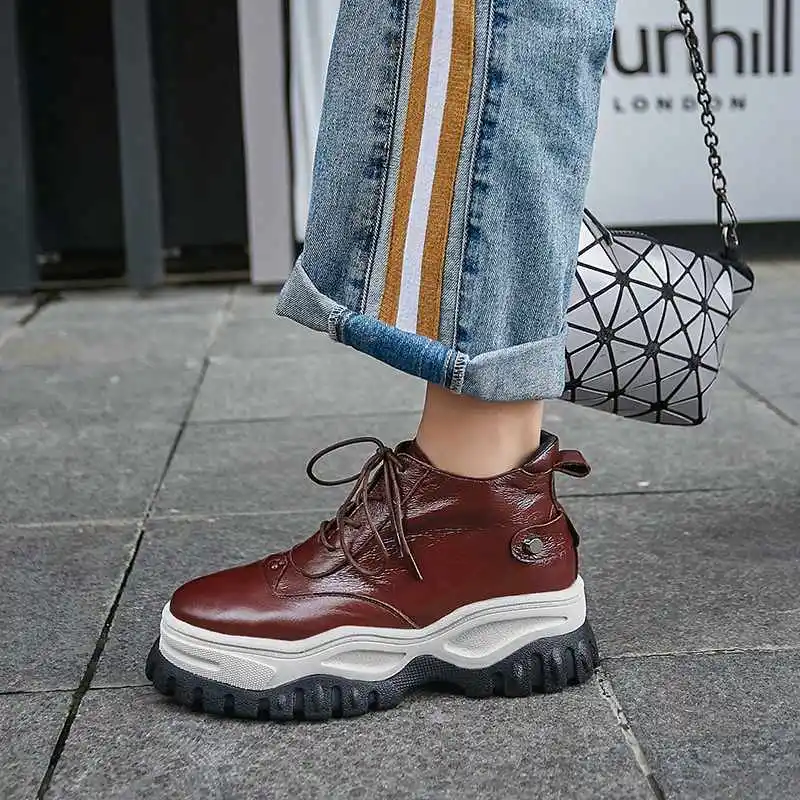 Krazing Pot genuine leather round toe platform casual lace up fashion British school thick high bottom vulcanized shoes L92