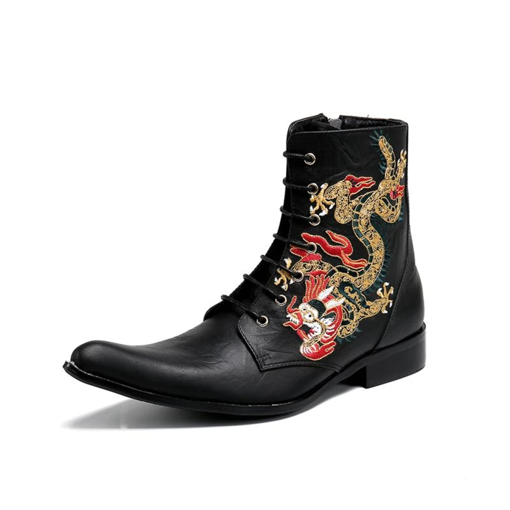 Men Genuine Leather Ankle Boots Luxury Embroidery Serpentine Pointed Toe Designer Botas for Man Zipper Short Chelsea Boots