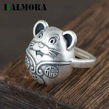 

BALMORA Real 100% Real 990 Sterling Silver Resizable Rings For Women Girls Cute Mouse Wide Finger Ring Jewelry Gifts Anillos