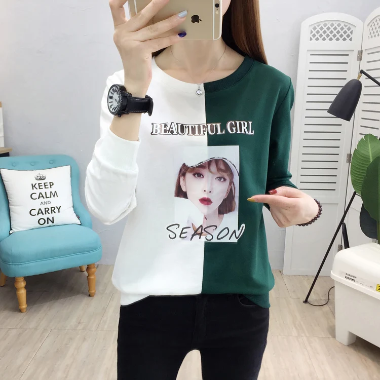 Новинка года; топы; футболки; Mulheres Manga comprida; Повседневная футболка; Camisa Das Senhoras Femininas; Лоскутная футболка; Mais tamanho