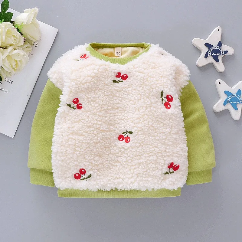 Winter Children Baby Babi Kids Girls Long Sleeve Sweatshirts Warm Cherry Fleece Thicken Velvet Pullover Sweatshirt WT944
