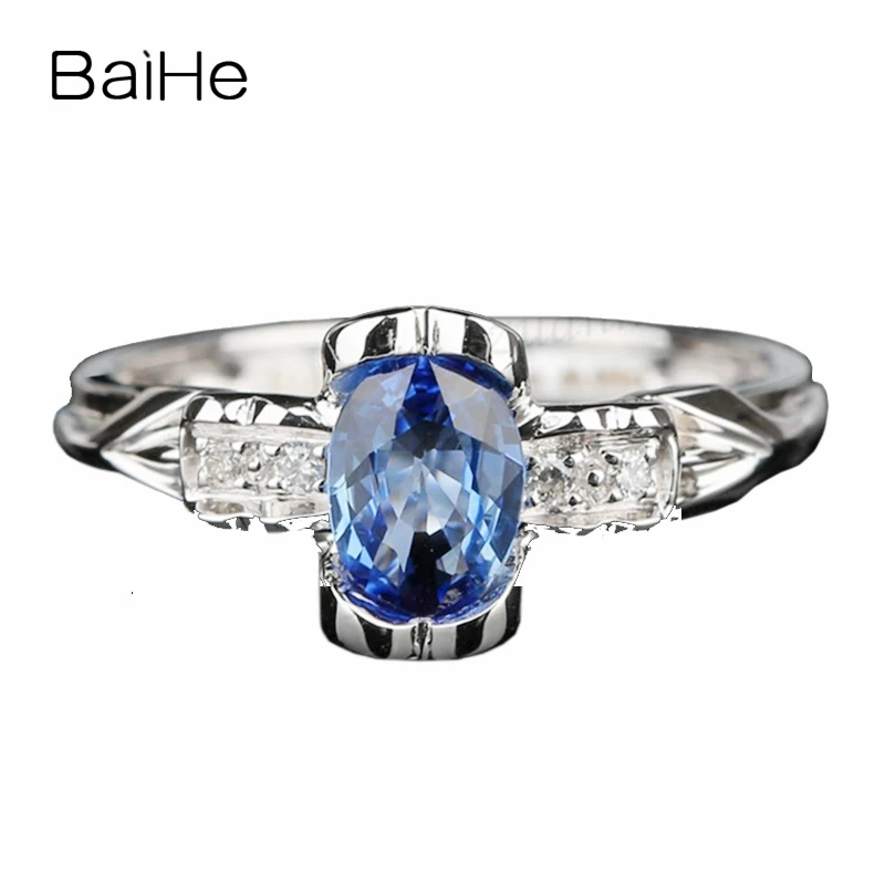 BAIHE SI/H полный разрез бриллианты 0.7ct Овальный натуральный голубой сапфир Твердые 14 к белое золото кольцо Wome украшения для помолвки Подарочное кольцо