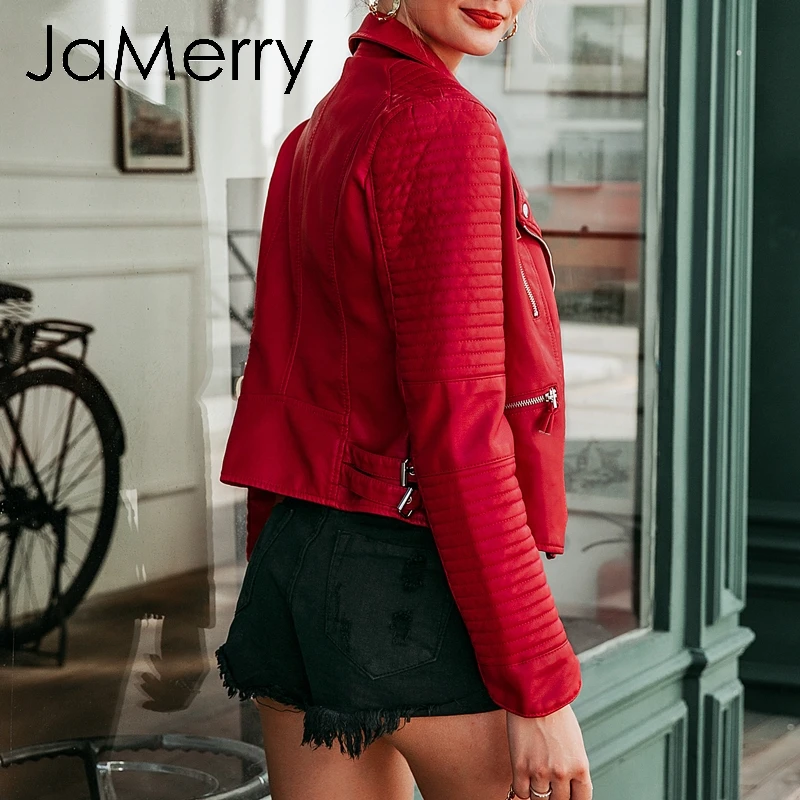 JaMerry, женские стеганые куртки из искусственной кожи, Осень-зима, мотоциклетная куртка-бомбер из искусственной кожи, женская черная верхняя одежда на молнии, красные пальто