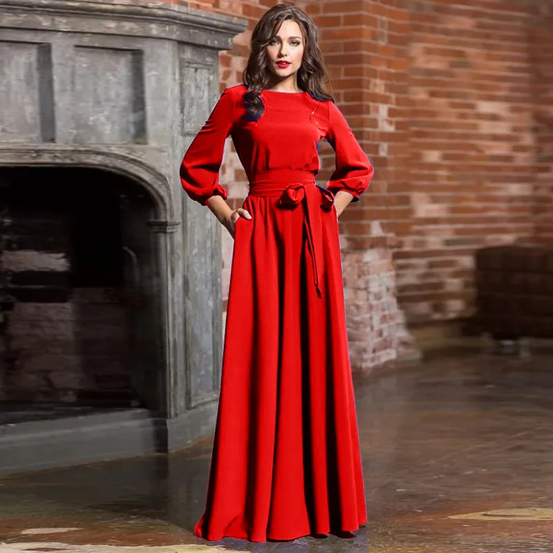 

2019 Round Neck Full Sleeves Evening Dresses Solid Color Satin Women Formal Party Dress Floor Length