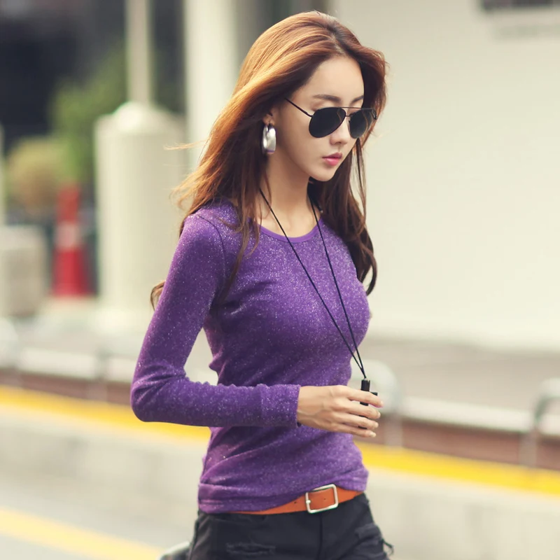 Purple o-neck Женская футболка из плотного флиса, блестящие сетчатые топы, круглый вырез, длинный рукав, хлопок размера плюс S-3XL, зимняя футболка, T90391 - Цвет: Purple o-neck