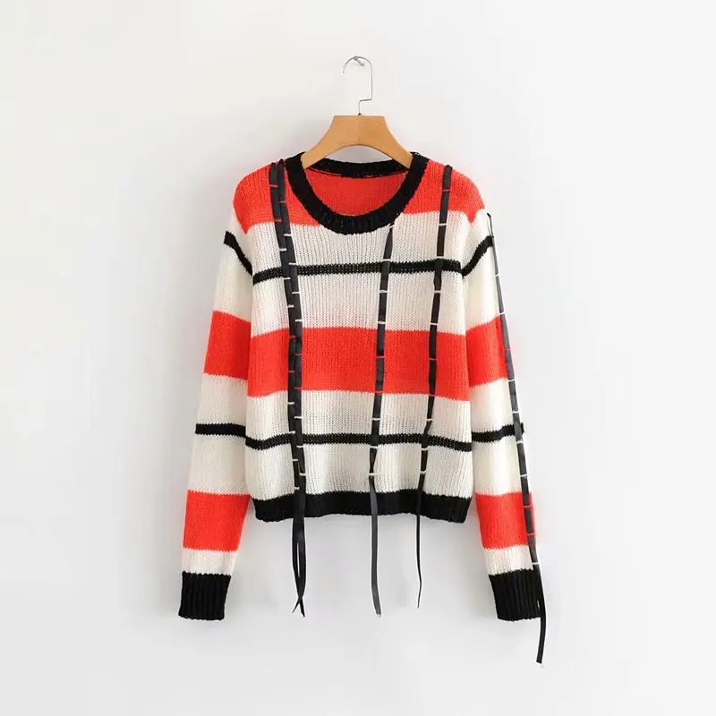 

Women Clothes 2019 Autumn and Winter Clothes Women Round Neck Webbing Stitching Lattice Pull Femme Pullover Women Sweater Women