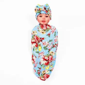 

2 Pcs/set Baby Swaddle Wrap Children Bow-knot Cap Newborn Print Blanket Hat Maternal and Child Supplies