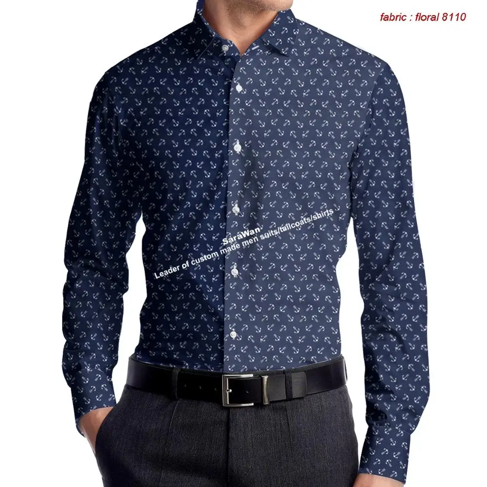 Navy Blue Casual Floral Men Dress Shirts Long Sleeve Made Mens Dress Shirts, Bespoke 100% Cotton Flowered Mens Shirts