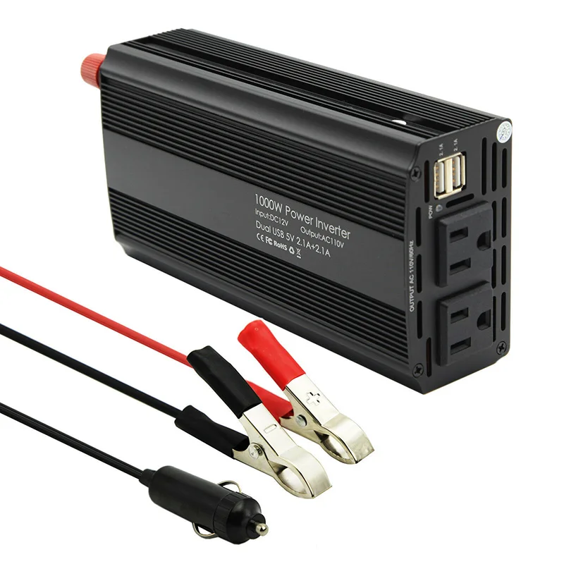 1000W Car Power Inverter DC 12V To AC 110V 2 AC Outlets RV Solar Converter C44