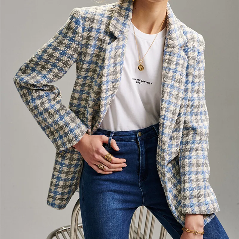 

Plaid Houndstooth Blazer Jacket Women Single Button New Fresh Office Lady Suit Coat