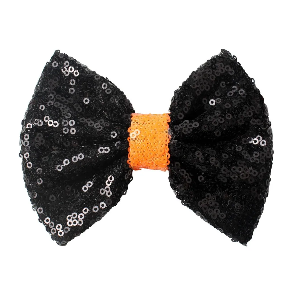 40pcs/lot 5'' Black And Orange Halloween Sequin Bow For Kids Large Metallic Solid Hair Bow hair accessories