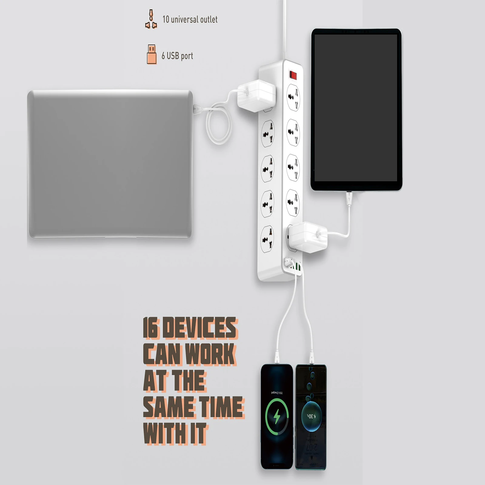 Ldnio SC10610 QC 3.0 PD Fast Charging Socket 2500W with 10 Sockets + 4 Usb Ports + 1 Type-C Pd Port + 1 Qc3.0 Port Desktop Extension Home Charger with 2M Cord 22 Hddefd07e56264a488e2b24017e70aa86h