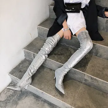 

Blingbling Sliver Sequined Cloth Pointed Toe Stiletto Women Thigh Boots 2019 New Winter Slip-on Night Club Shiny Boots Sexy Lady