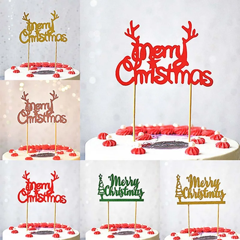 

5pcs Glitter Merry Christmas Cake Insert Christmas Cake Bread Toppers Picks for Birthday Christmas Theme Party Holiday