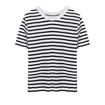 

Women Striped Linen T Shirt 2020 New Summer Short Sleeve O Neck Black White Stripe Knit Slim Hot T-shirt Top