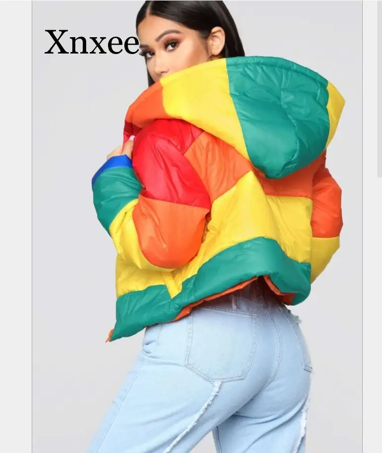 Winter coat short Casual Warm Fashion Rainbow Hooded Full Sleeve Women Slim Thick Regular Wind Outwears jacket thick student