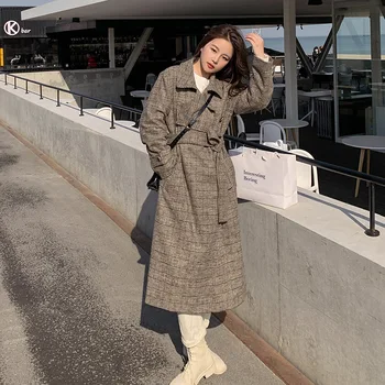 

2020 Winter Thick Fashion Elegant Vintage Plaid Long Korean Coats Women Coat 048