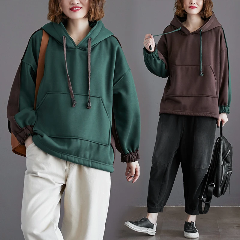 New Plus Size Autumn Winter Women Hoodies Fashion Vestidos Casual Loose Patchwork Hooded Sweatshirt For Women Larger Hoodies