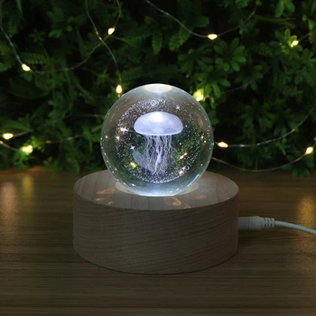 

Table Artificial Jellyfish Bedroom USB Powered LED Night Light Home Wooden Base Crystal Ball Bedside Dormitory Ornament Desktop