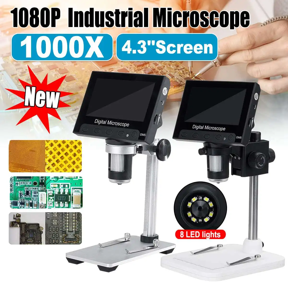 

1000x 5.0MP DM5 USB Digital Electronic Microscope 4.3"LCD Display 1080P Digital Microscope 8 LED Stand PCB Motherboard Repair