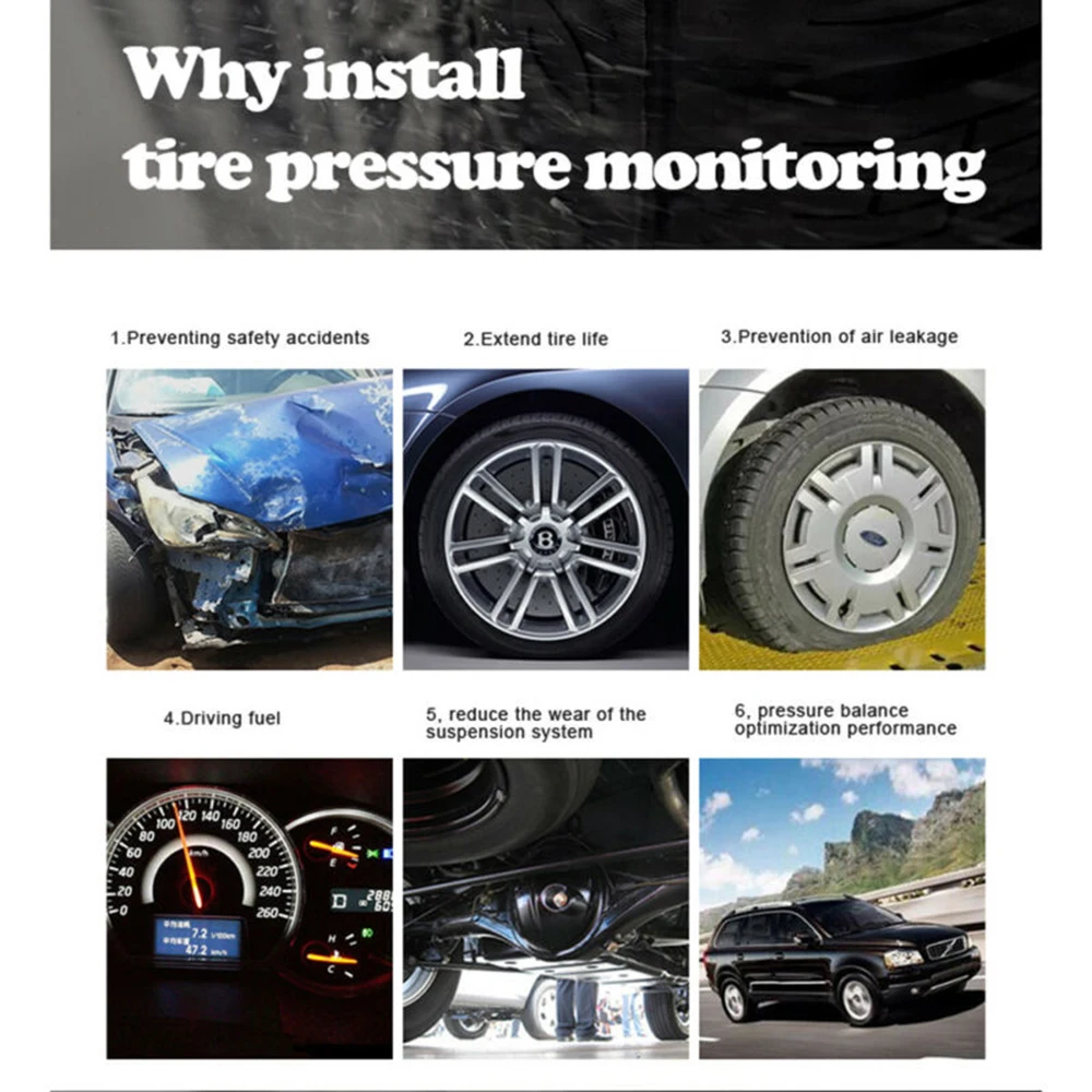 

ABS Tire Pressure Monitor Black Car Auto TPMS Wireless System LCD Display