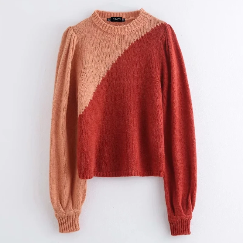 New 2020 women elegant color matching patchwork knitted sweaters female O neck puff sleeve pullovers casual cute tops S235 | Женская