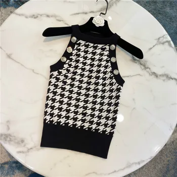 

Knitted Tank Top Women 2020 Spring and Summer European Style Slim Fit Camisole Off-Shoulder Plaid Knitted Tank Tops