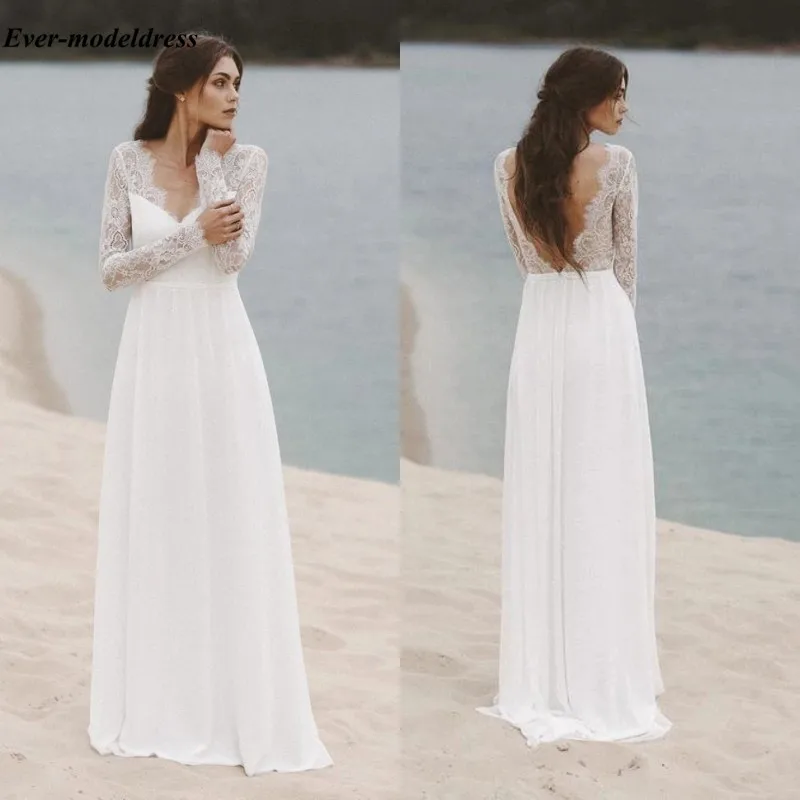 

2020 Boho Lace Beach Wedding Dresses V-Neck Long Sleeves Backless Sheath Country Bride Dresses Cheap Vestidos Novia