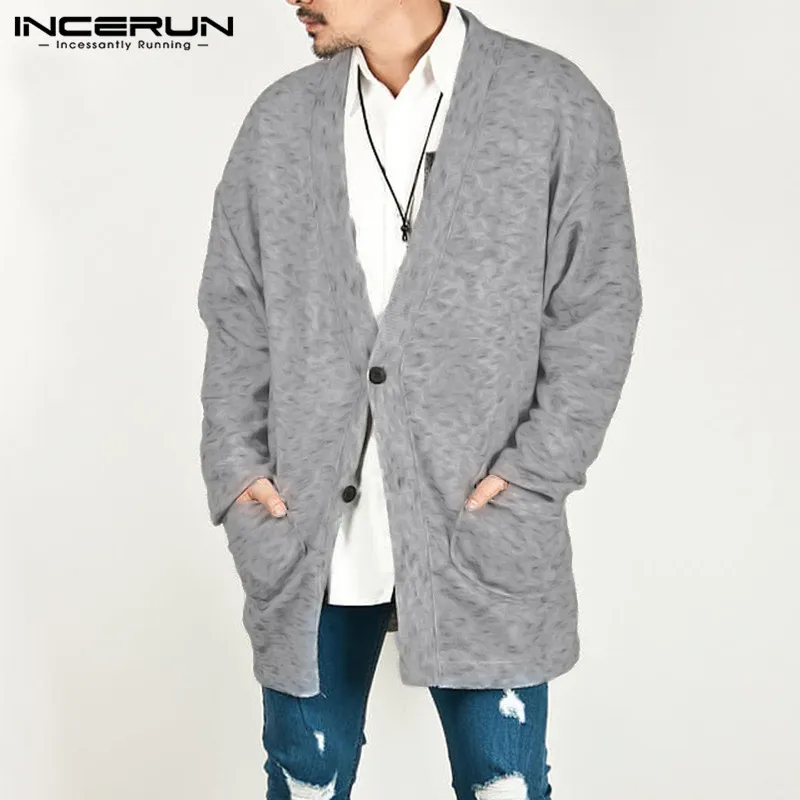 

INCERUN Fashion Men Cardigan Sweater Coat Solid Long Sleeve Button Up Pockets Casual Comfy Outerwear Sweater Cardigan Men 2019