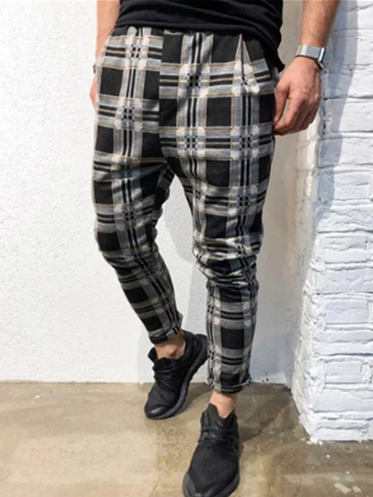 Мужские повседневные спортивные брюки, облегающие клетчатые брюки, беговые Беговые брюки для мужчин, спортивные штаны, Комбинезоны